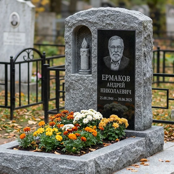 Памятник со свечой из мансуровского гранита с портретом