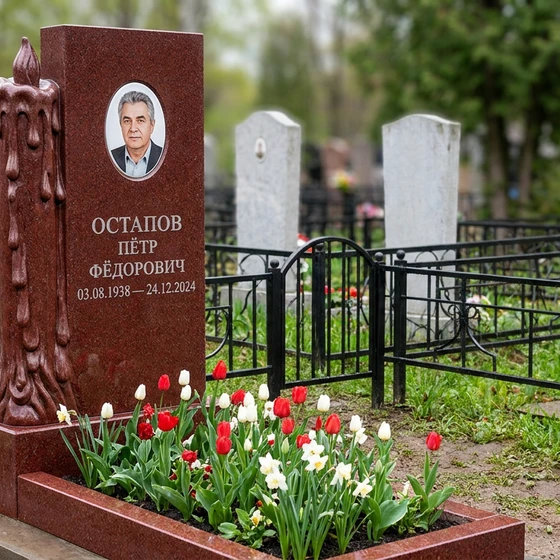 Памятник со свечой из лезниковского гранита с фигурной резьбой