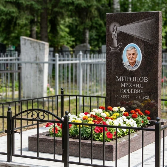 Стела с горящей свечой из дымовского гранита с фотопортретом