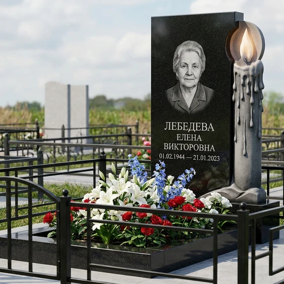 Стела с горящей свечой из черного габбро-диабаза с портретом
