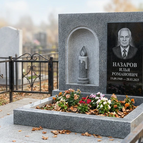 Памятник с горящей свечой в арочной нише из мансуровского гранита