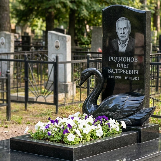 Памятник с лебедем из черного габбро-диабаза с глубокой резьбой