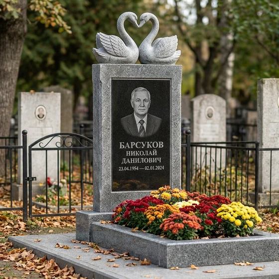 Памятник с парой лебедей из мансуровского гранита
