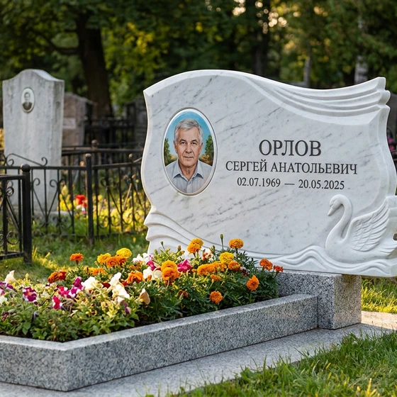 Памятник с лебедем из белого мрамора с портретом