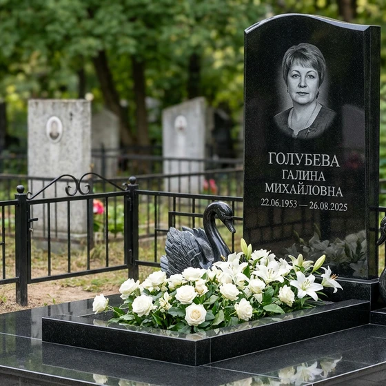 Памятник с парой лебедей из черного габбро-диабаза