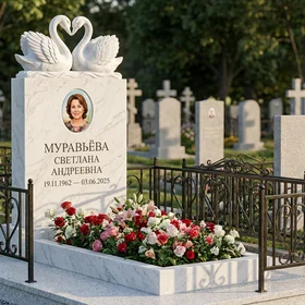 Памятник с парой лебедей из белого мрамора