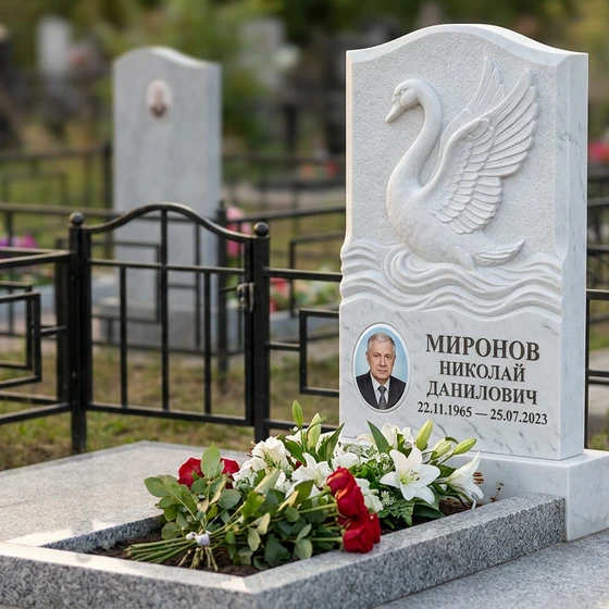 Памятник с лебедем в волнах из белого мрамора
