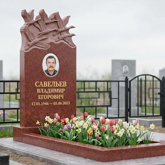 Памятник с клином журавлей из лезниковского гранита с фотопортретом