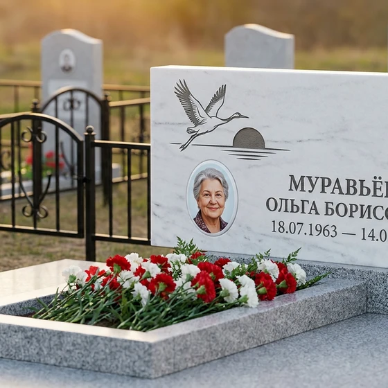 Памятник с клином журавлей из белого мрамора с фотокерамикой