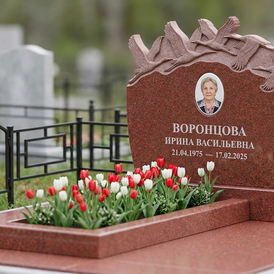 Памятник с клином журавлей из лезниковского гранита с овальной фотокерамикой