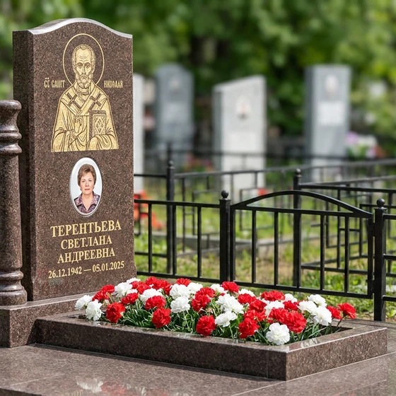 Памятник с иконой Николая Чудотворца из дымовского гранита