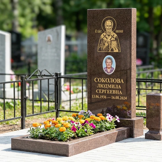 Стела с иконой Николая Чудотворца из дымовского гранита