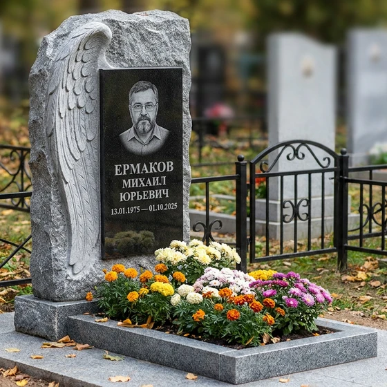 Памятник с обнимающим крылом ангела из мансуровского гранита
