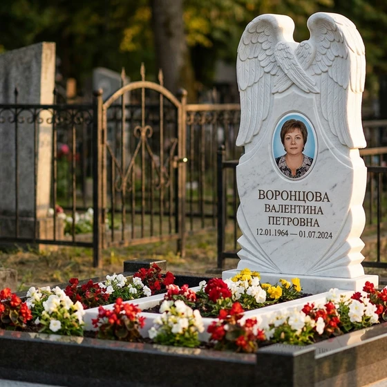 Мемориал с парящими крыльями из белого мрамора с портретом