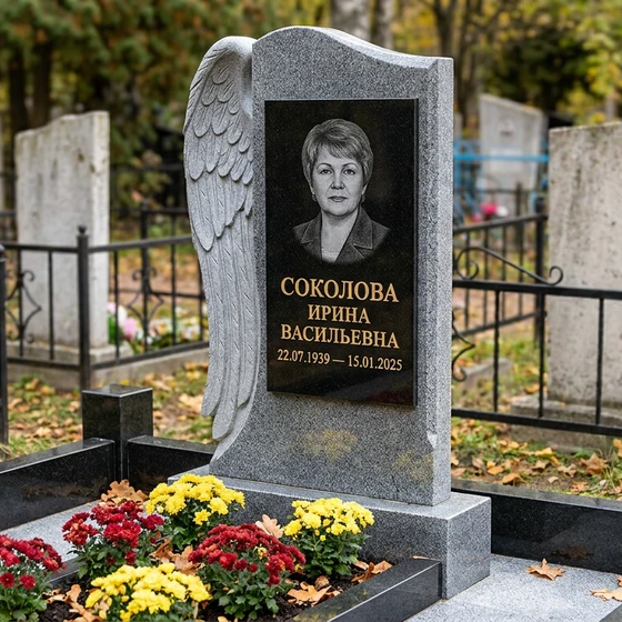 Памятник-стела с крылом ангела из мансуровского гранита с портретом