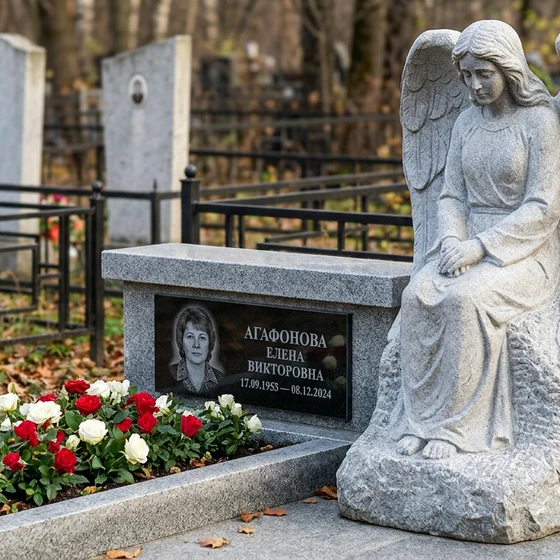Мемориал с крылом ангела из мансуровского гранита с портретом