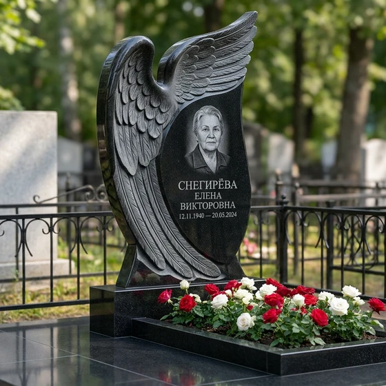 Памятник с обнимающим крылом ангела из габбро-диабаза