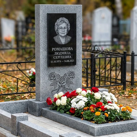 Памятник с розой из мансуровского гранита с портретом