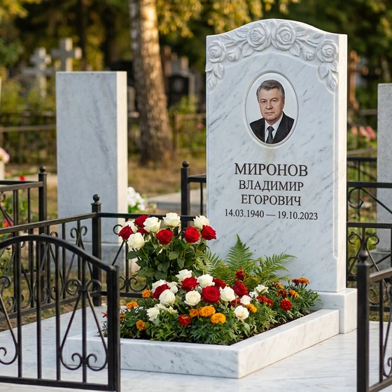 Памятник с гирляндой роз из белого мрамора