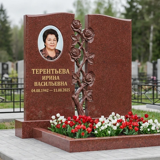 Памятник с розой из лезниковского гранита для двойного участка