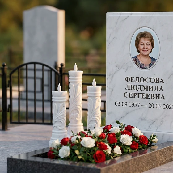 Памятник с тремя свечами из белого мрамора с портретом