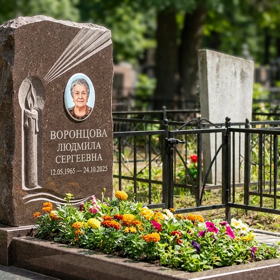 Памятник с резной свечой и лучом света из дымовского гранита