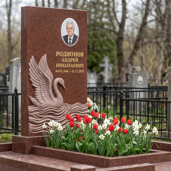 Памятник с лебедем из лезниковского гранита с глубокой фрезеровкой