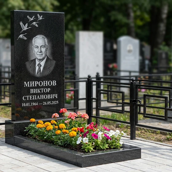 Памятник с клином журавлей из габбро-диабаза с портретом