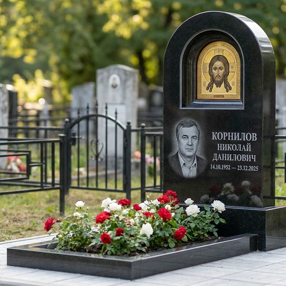 Памятник с иконой Христа из габбро-диабаза с золочёным нимбом