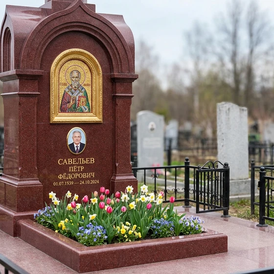 Памятник с мозаичной иконой из лезниковского гранита с портретом