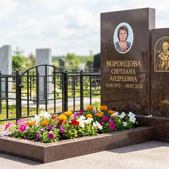 Памятник с иконой Николая Чудотворца из дымовского гранита с художественной резьбой