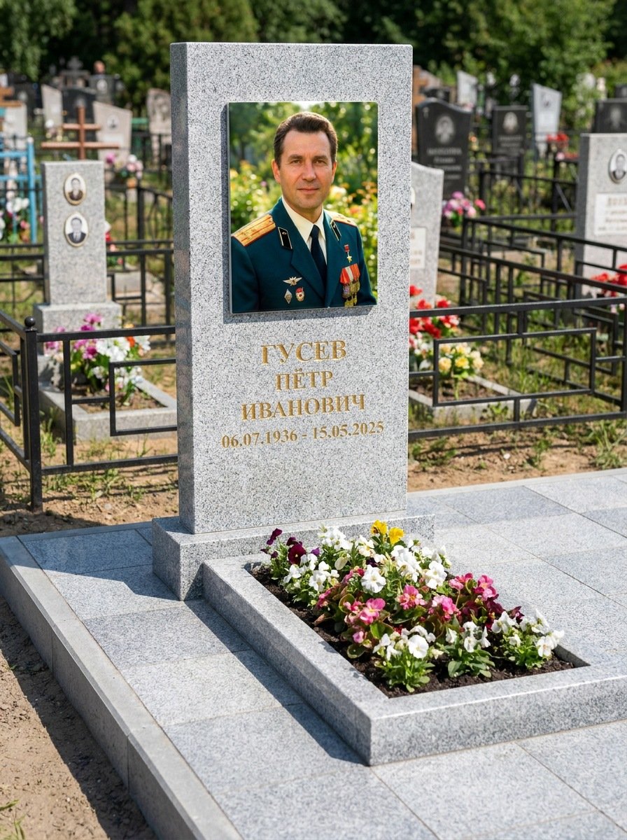 Портрет на памятнике в Ростове-на-Дону — Прямоугольник на гранитной стеле, ФИО и даты на портрете